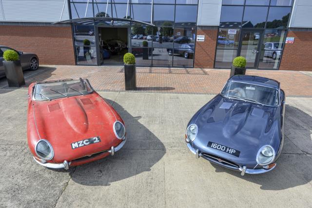 Two Jaguar E-Types built on 24th August 1961 reunite after 55 years at Classic Motor Cars of Bridgnorth